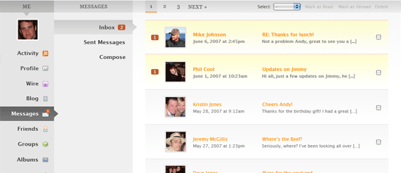 "Messaging" section of the BuddyPress User Interface.